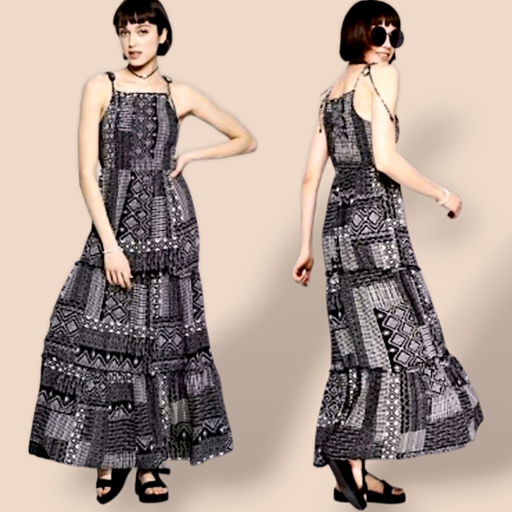 👗Black and White Patterned Smocked Bodice Maxi Dress By WILD Fable